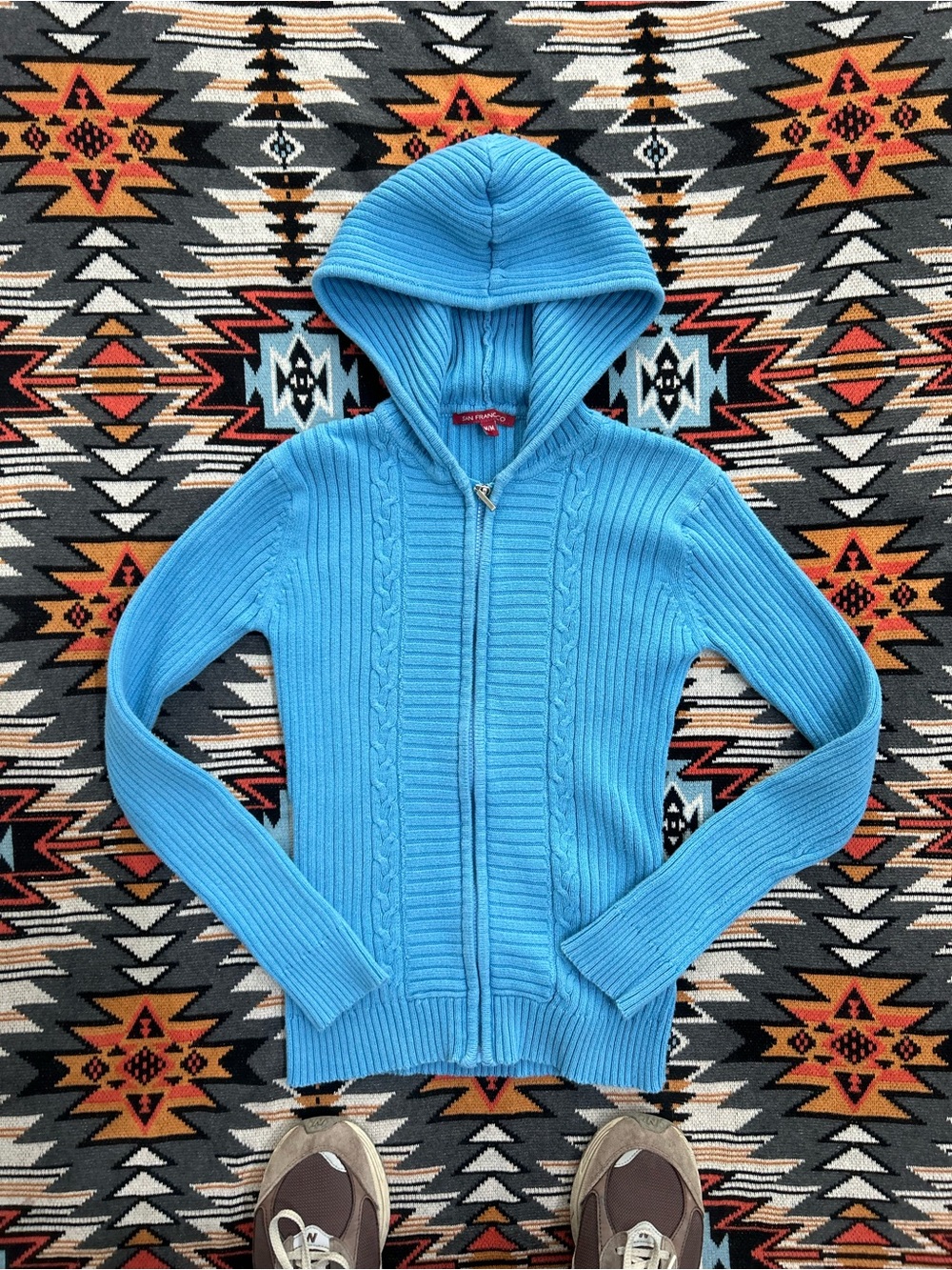 Women's Blue Cable Knit Hooded Zip Sweater